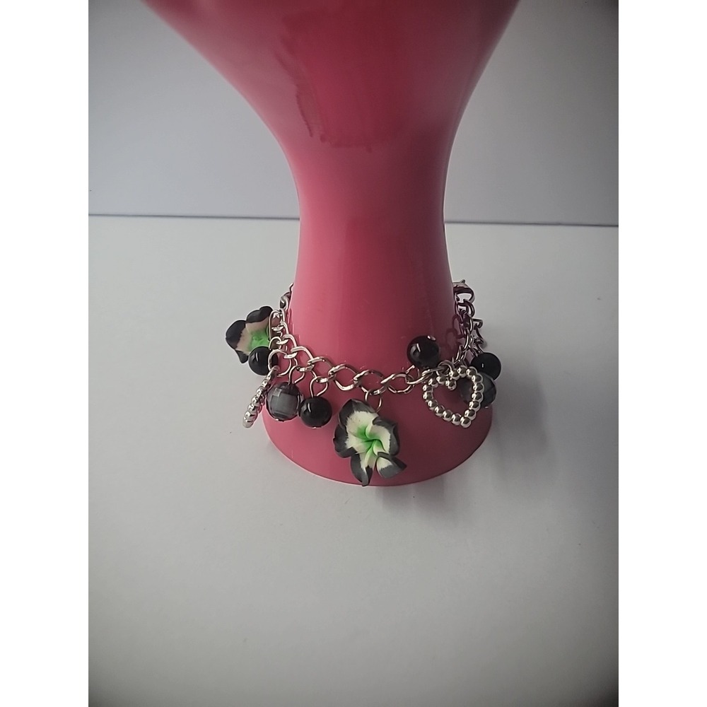 Vintage Bracelet Chain Drop Dangle Flowers Beaded Black Hearts Charm Jewelry - Picture 4 of 10